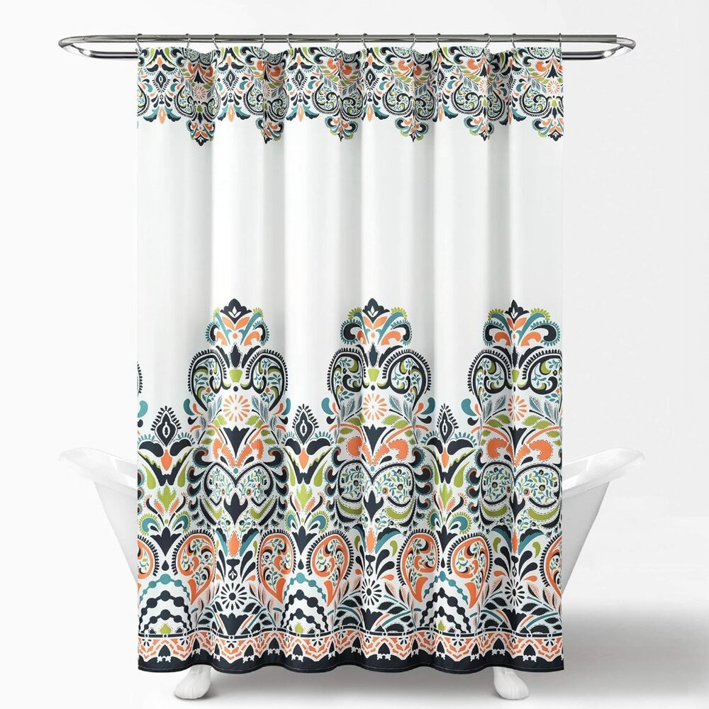 Boho Bohemian Moroccan Design Navy Orange Fabric Luxe Shower Curtain NEW PACKAGE